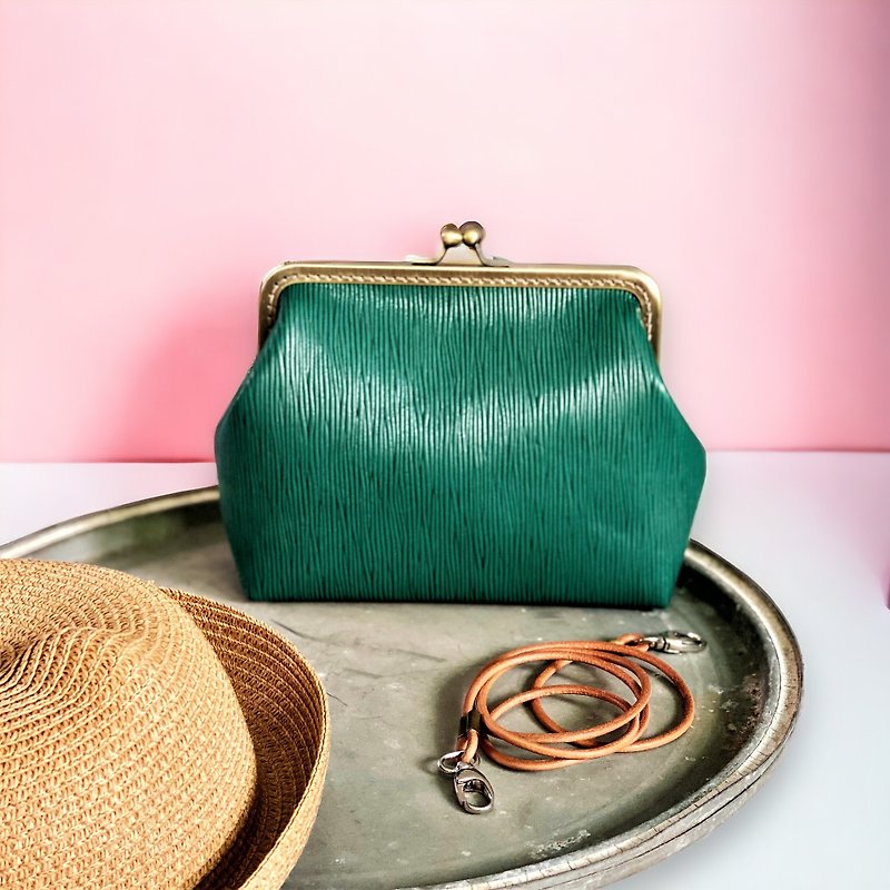 Limited Leather Lady's Big Mouth Gold Crossbody Bag-Corrugated Green (Birthday Gift, Valentine's Day, Mother's Day) - กระเป๋าแมสเซนเจอร์ - หนังแท้ สีเขียว