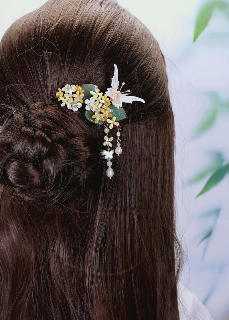 Lemon handmade hair accessories, natural butterflies, swallowtails, osmanthus ha - เครื่องประดับผม - เปลือกหอย สีเหลือง