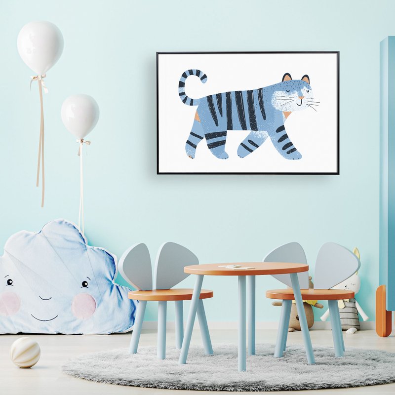 Meow Star Roaming - blue cat illustration suitable for children's room black and white frameless painting multi-size customization - Posters - Other Materials 