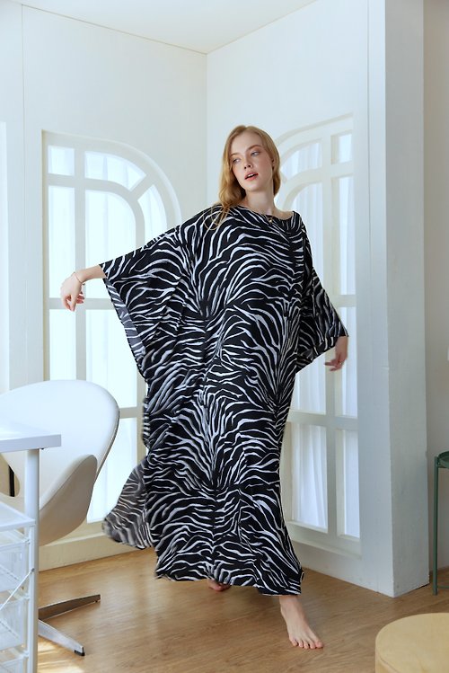 slowsundaynight Soft Silk Black Zebra Boho Kaftan for Beach Wear Lounge Wear Kaftan Dress Gown