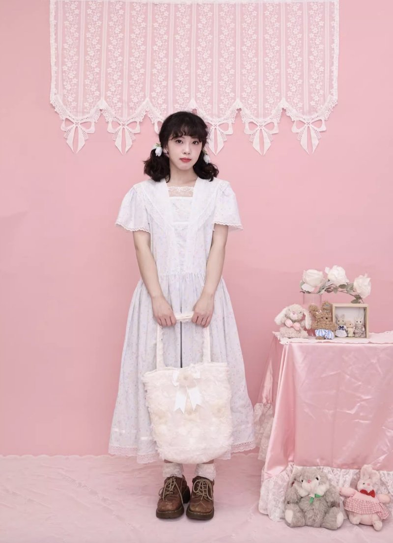 古董少女感 碎花蕾絲花邊 海軍領連身裙 - 洋裝/連身裙 - 其他材質 藍色