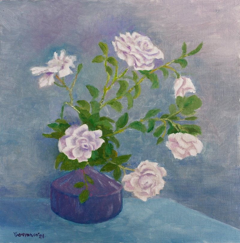 Cream Garden Roses Flowers Original Art Oil Painting Wall Decor Beautiful Roses - 海報/掛畫/掛布 - 其他材質 多色