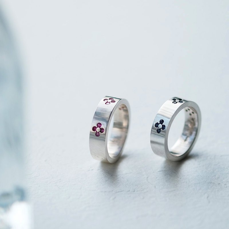 2 pieces set) Pink & Sapphire Clover Pair Ring Silver 925 - แหวนคู่ - โลหะ สีเงิน
