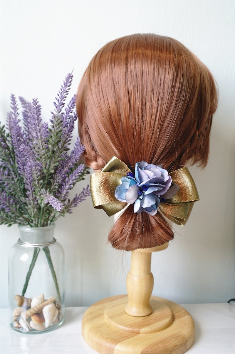 優惠 星空 寶藍色 布花 金褐色 緞帶 蝴蝶結 法國夾 髮飾 HA0208 - 髮夾/髮飾 - 棉．麻 藍色