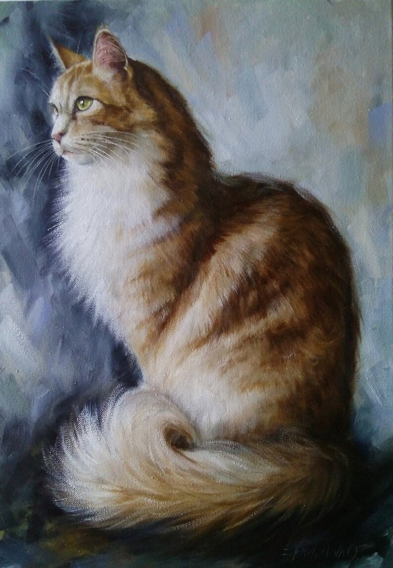 Red maine coon cat portrait Oil painting Cat Art - ตกแต่งผนัง - วัสดุอื่นๆ สีส้ม