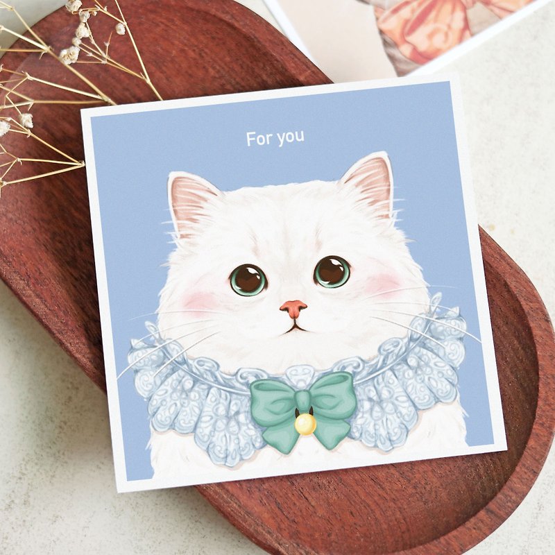 胖胖長毛白貓 10公分 正方形貓咪明信片 萬用卡 卡片 感謝卡 - 心意卡/卡片 - 紙 藍色