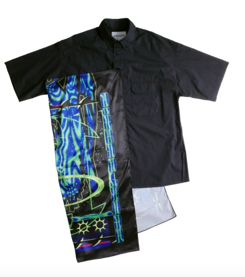 gushpsychic x Aaron Julian Dragon collaboration patchwork short-sleeved shirt - เสื้อเชิ้ตผู้ชาย - วัสดุอื่นๆ สีดำ