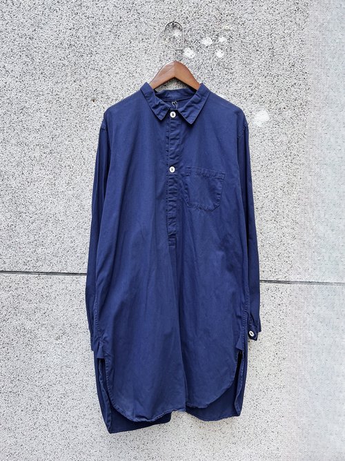 河水山 Europe shirt 深海藍單口袋 歐洲半釦式設計純棉長版襯衫洋裝