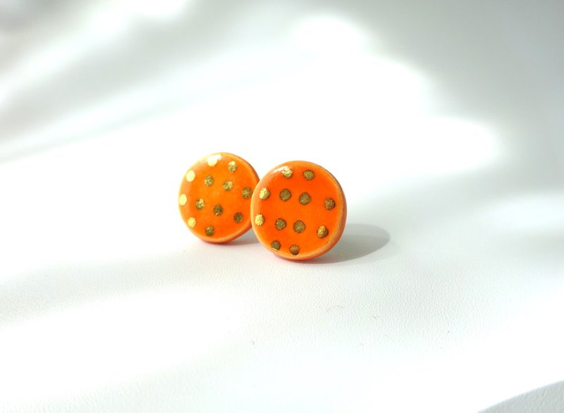 Gold dot round pierce・earring orange - Earrings & Clip-ons - Pottery Orange