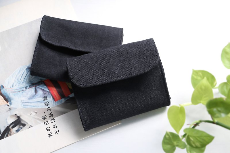 [Minimal black] wallet (customizable letters in 3 colors optional) / coin purse YKK zipper short clip - Wallets - Cotton & Hemp Black