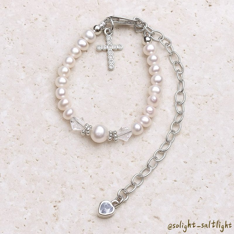 【SoLight塩青】パールと十字架のブレスレット SL356 - ブレスレット - その他の素材 シルバー