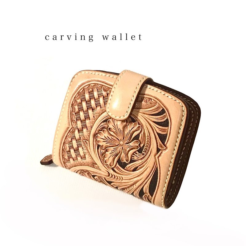 レザーカービング　カービング　革財布　カービング財布　二つ折り財布　革小物 - 銀包 - 真皮 咖啡色