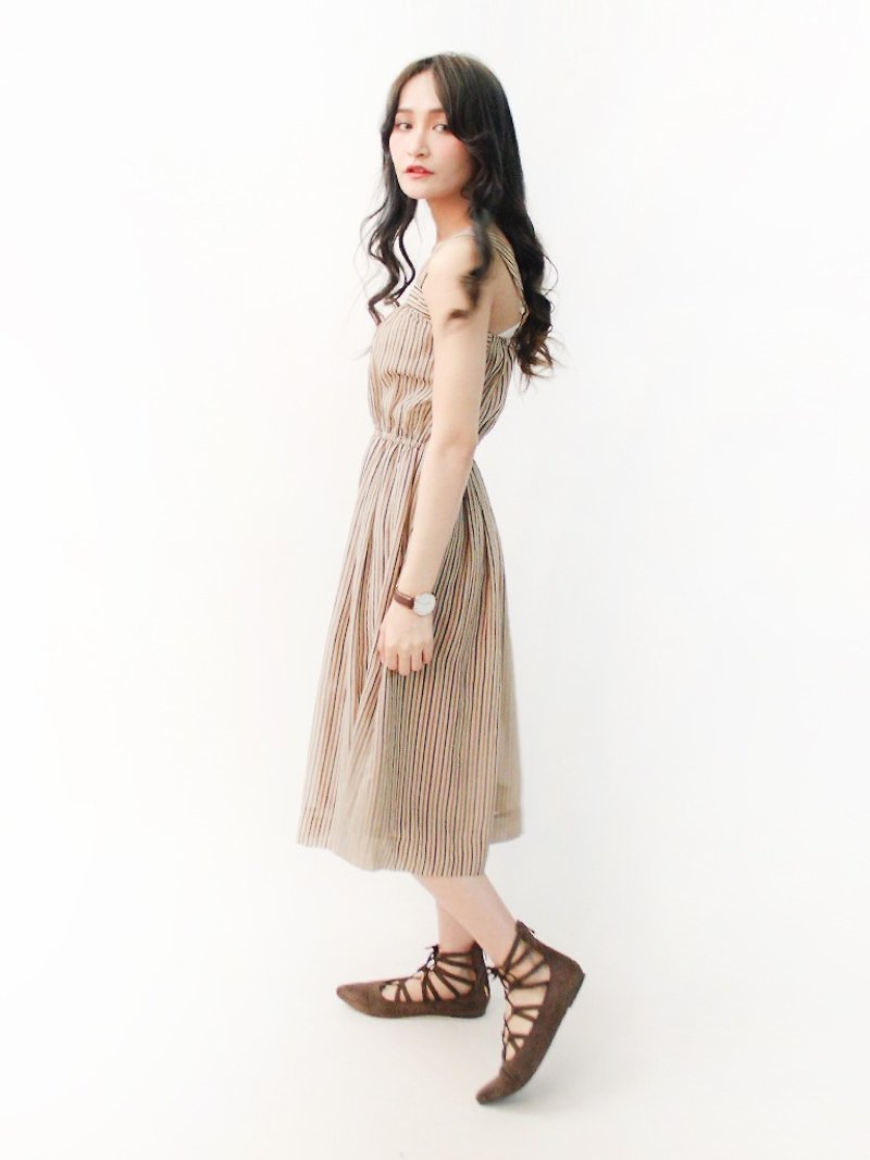 日本製復古奶茶條紋無袖古著洋裝 Japanese Vintage Dress - 連身裙 - 聚酯纖維 橘色