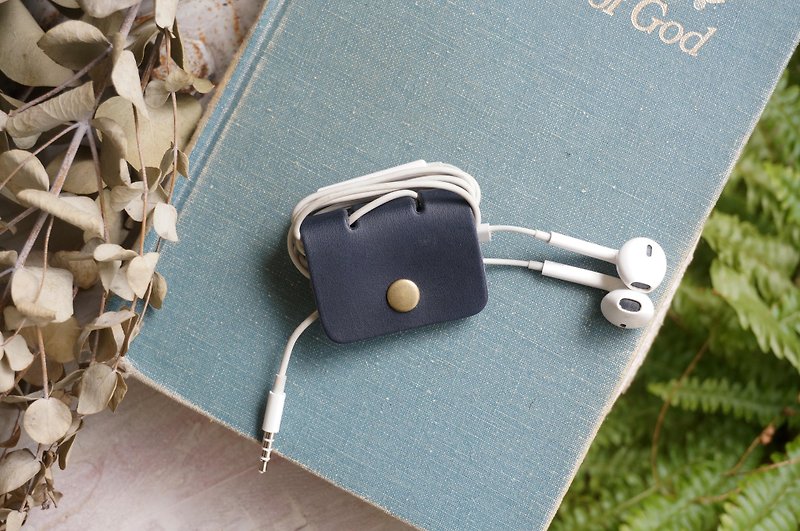 Dark Blue  -Square Style Collector for Earphone - Cable Organizers - Genuine Leather Blue