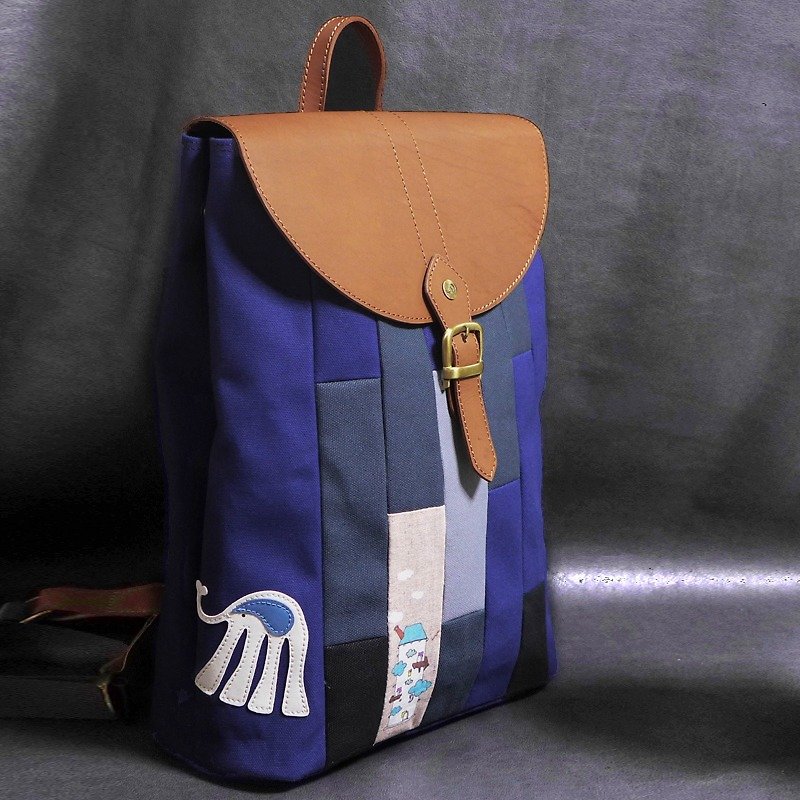 Feifei like picture books after stitching backpack / dark blue - กระเป๋าเป้สะพายหลัง - หนังแท้ สีน้ำเงิน