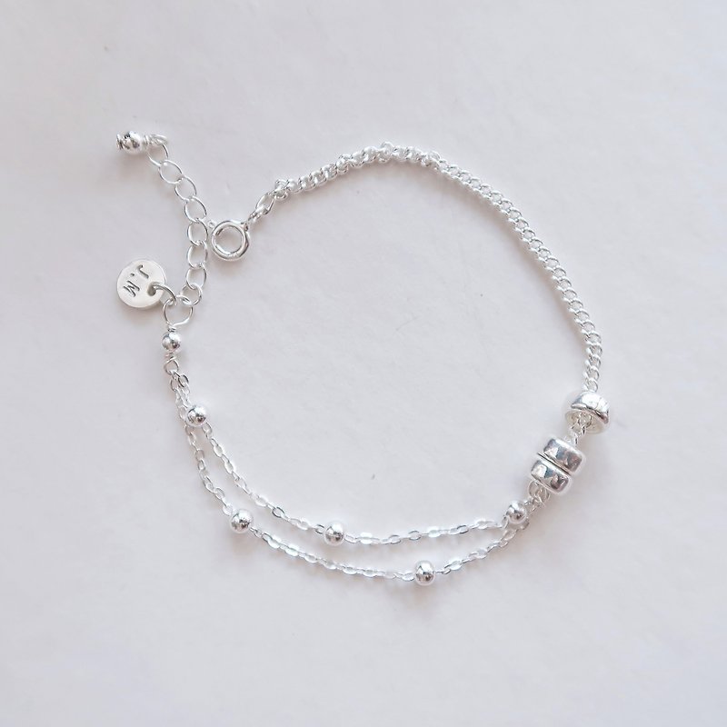 925 sterling silver asymmetric double chain dot circle engraving bracelet free gift packaging - สร้อยข้อมือ - เงินแท้ ขาว
