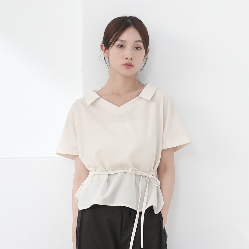 Shiyue_誓約綁帶上衣_23SF013_米白 - 女上衣/長袖上衣 - 聚酯纖維 白色