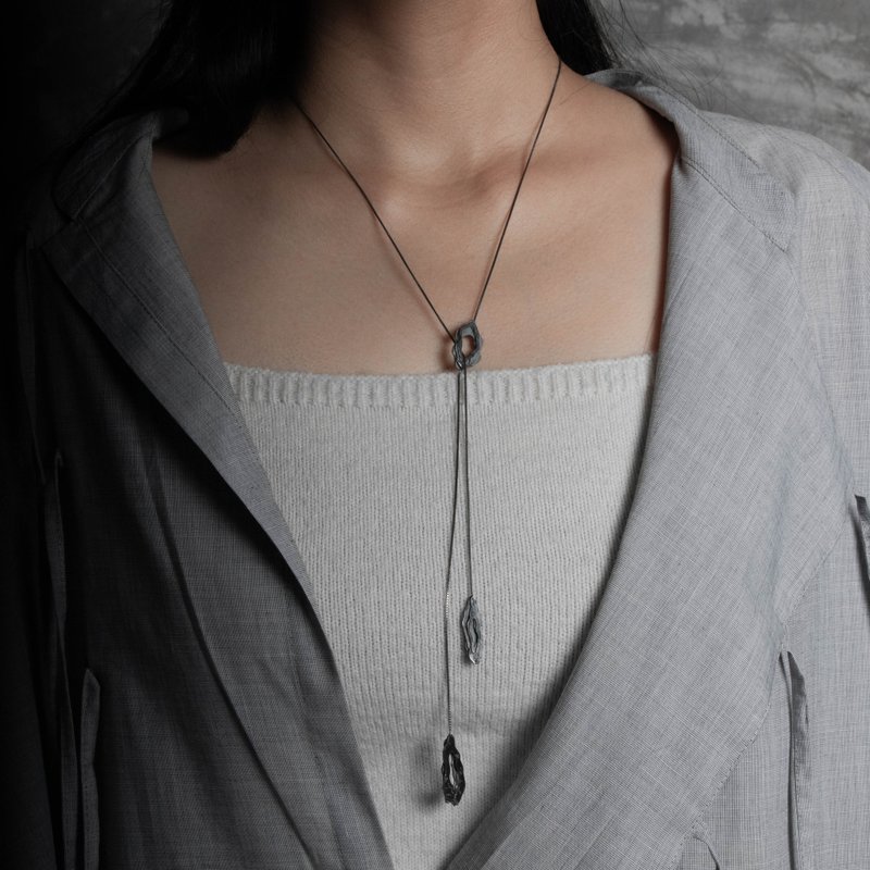 Sedimentary I [Shattered] Adjustable Long Chain - Dye Black - Necklaces - Sterling Silver Black