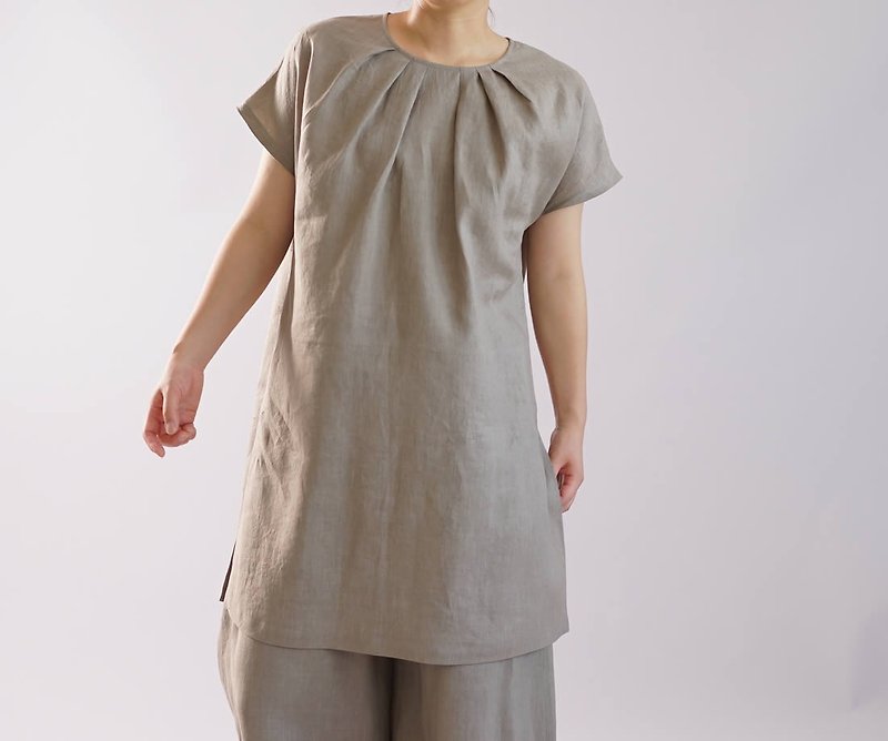 wafu   linen tunic / long length / short sleeve / tops / blouse  t26-9 - Women's Shirts - Cotton & Hemp Khaki