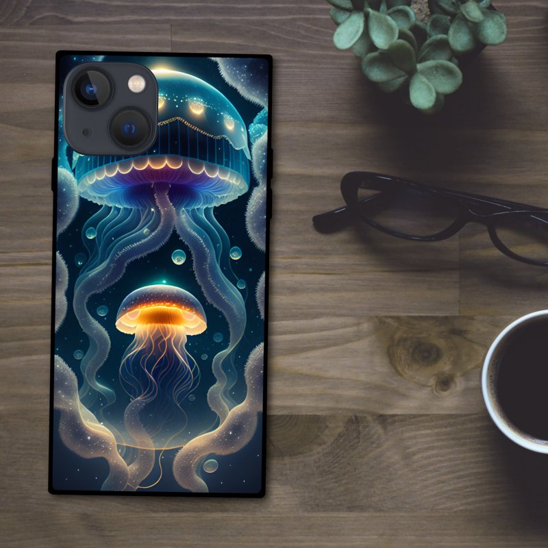 A square smartphone case featuring a jellyfish swimming in the deep sea like space, glowing in glittering neon colors [tempered glass finish] for iPhone 15 - Phone Cases - Plastic Multicolor