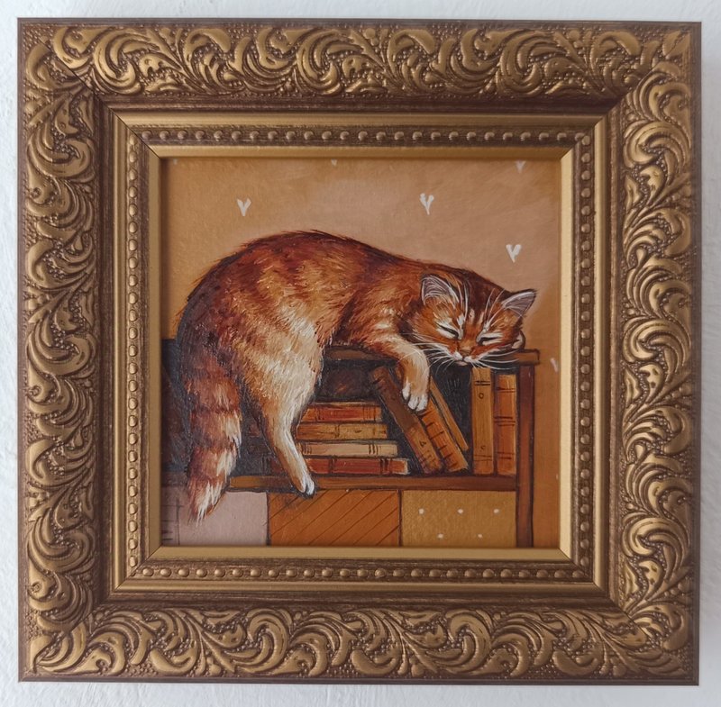 Red Cat oil painting Cat Art 10*10 cm - Illustration, Painting & Calligraphy - Other Metals Gold