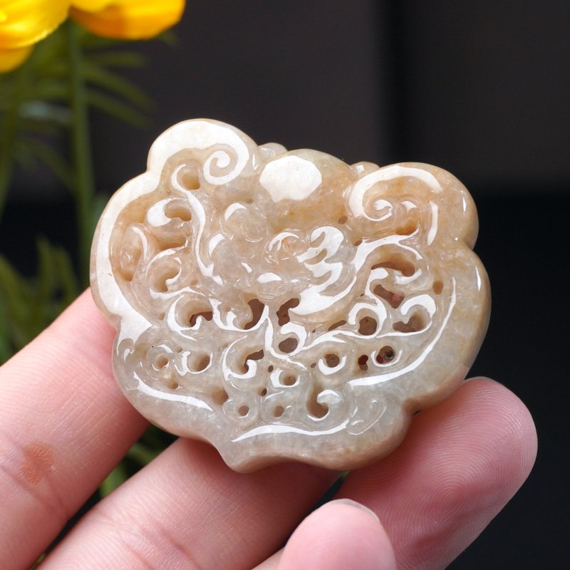 冰種飄黃翡翠簍空雕如意項鍊 | 天然緬甸玉A貨翡翠 | 送禮 - 項鍊 - 玉石 橘色