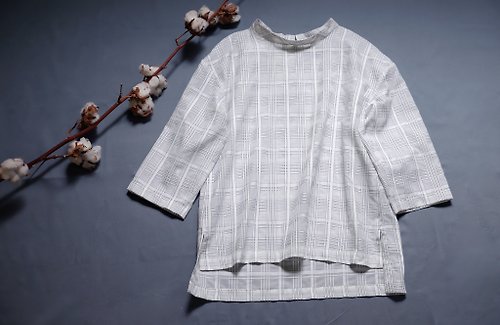 hikidashi 抽屜工作室 【現貨L】小平領七分袖罩衫/ 黑白透視格紋