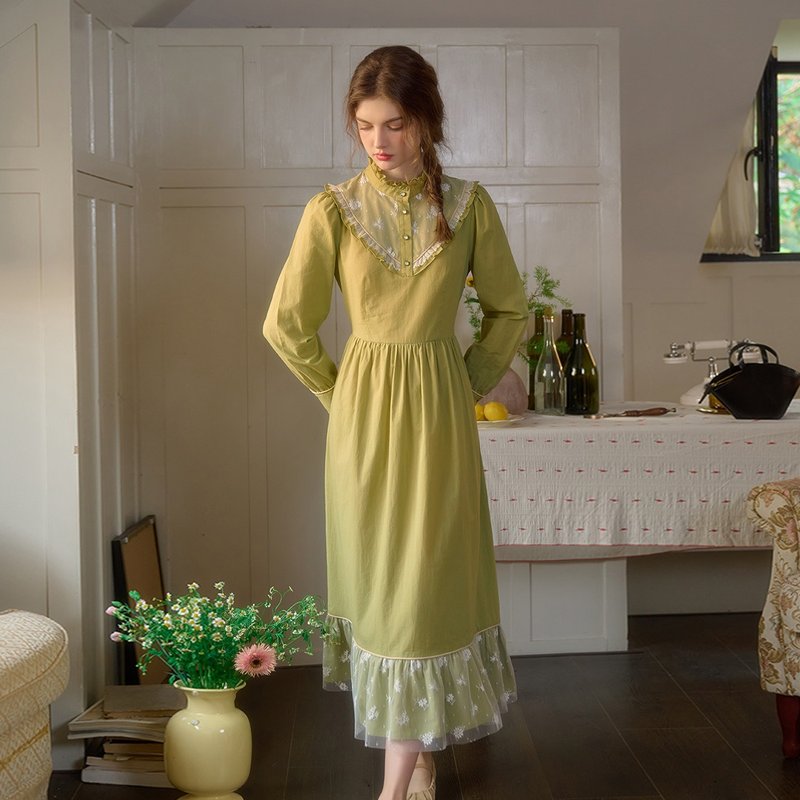 Dove 立領刺繡蕾絲100%棉連衣裙 - 連身裙 - 棉．麻 綠色