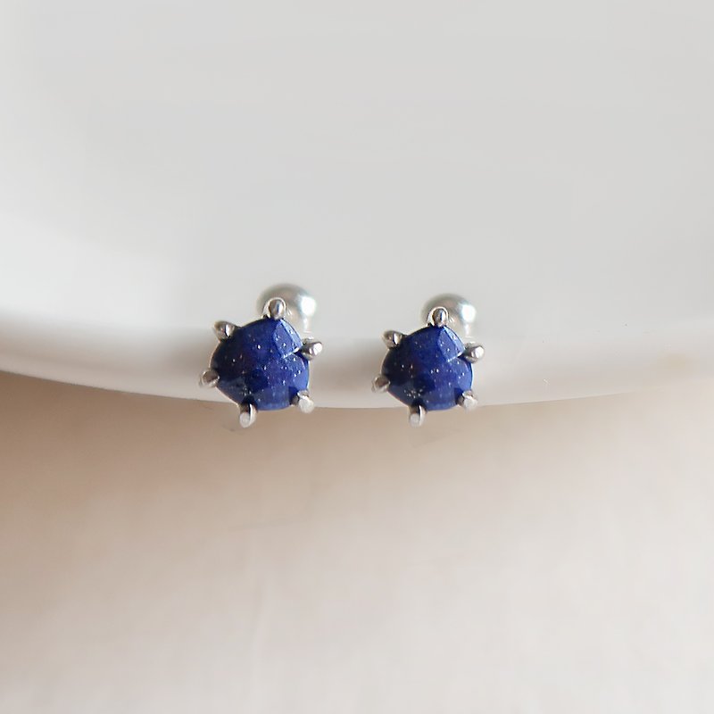 925 sterling silver lapis lazuli prong set bead lock earrings and Clip-On - ต่างหู - เงินแท้ สีน้ำเงิน