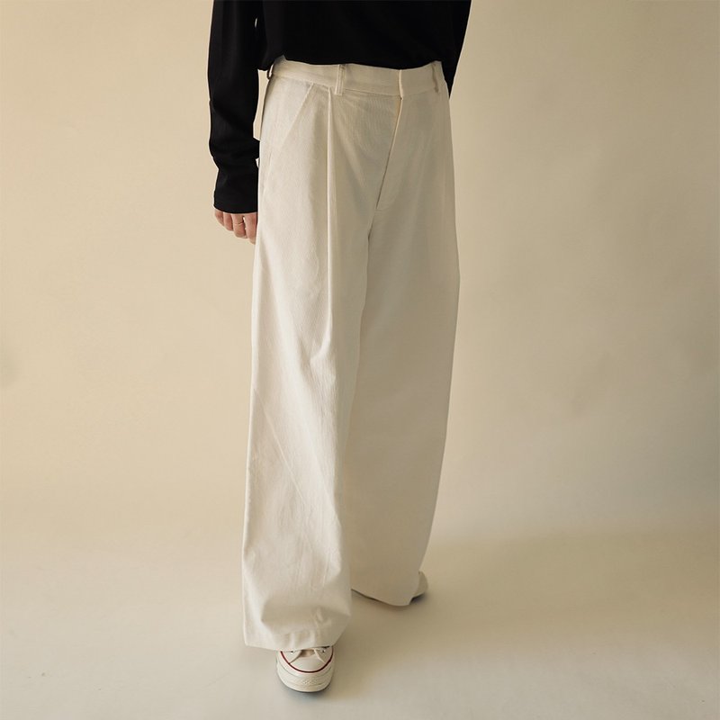 白色燈芯絨褶皺褲 闊腿褲 - 女長褲 - 棉．麻 