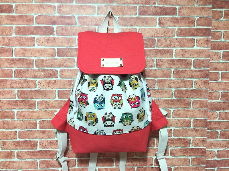 When the color owl meets the orange backpack / gift free printed name leather superscript - Backpacks - Cotton & Hemp Red