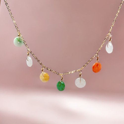 瓔珞珠寶盒 E.L.Jewelry Box 冰種多彩翡翠平安扣鎖骨鍊 14K包金 | 天然緬甸玉翡翠A貨 | 送禮
