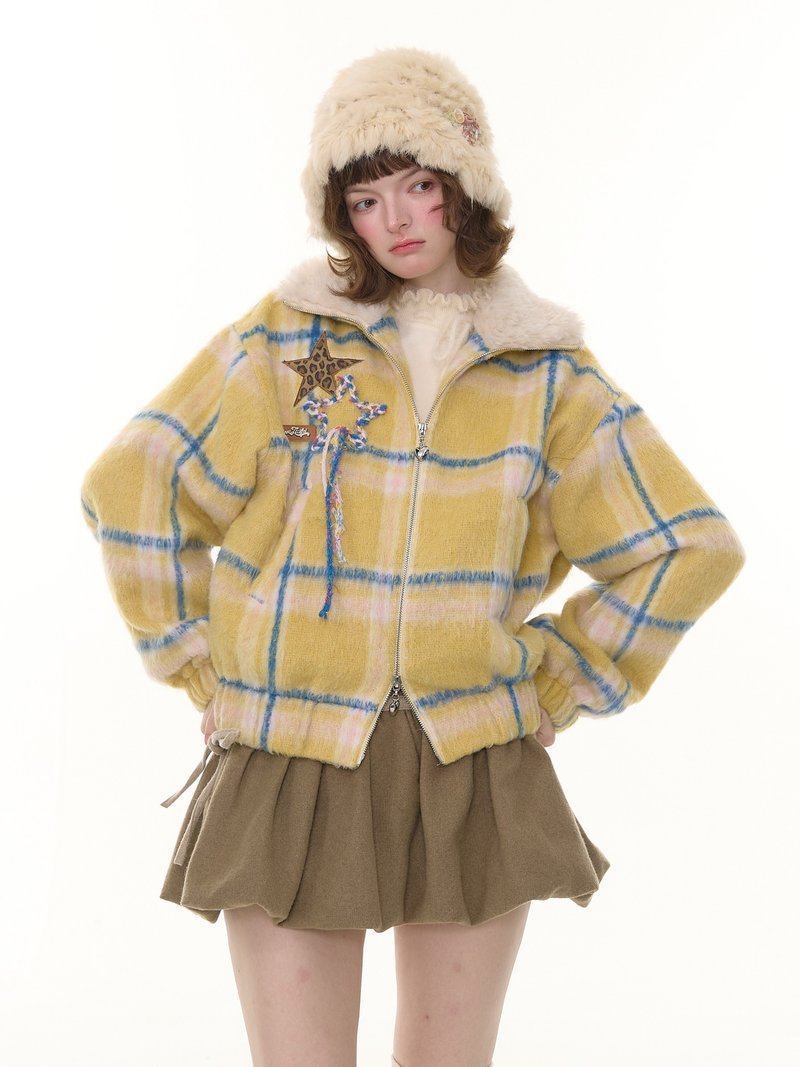ziziFei秋冬美式復古設計感黃色格紋毛領加厚星星圖案毛外套女 - 女上衣/長袖上衣 - 其他材質 黃色