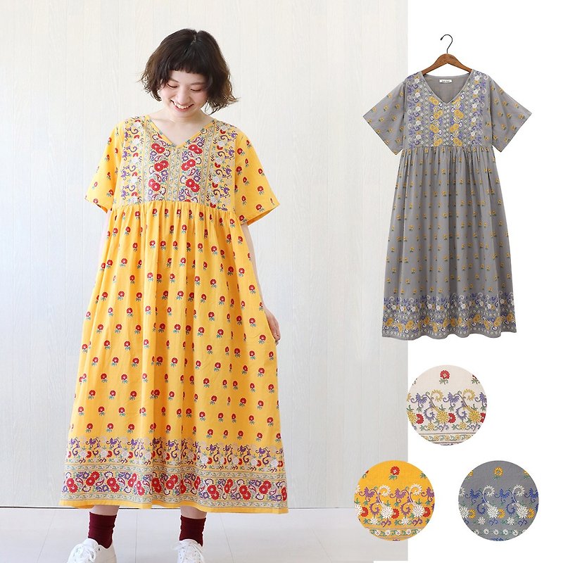 [Pre-order] Cute retro floral dress made in India - ชุดเดรส - ผ้าฝ้าย/ผ้าลินิน สีเหลือง