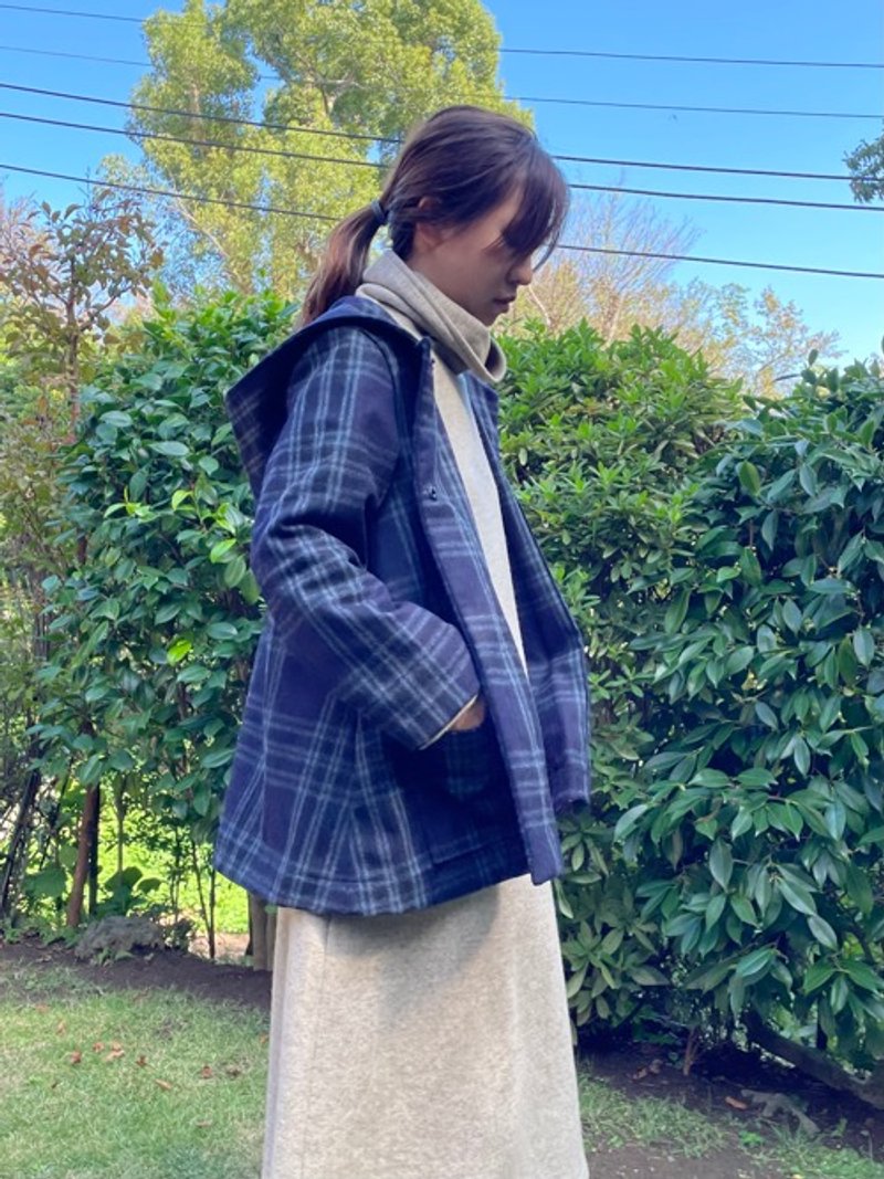 Checked wool hooded jacket coat - เสื้อแจ็คเก็ต - ผ้าฝ้าย/ผ้าลินิน 