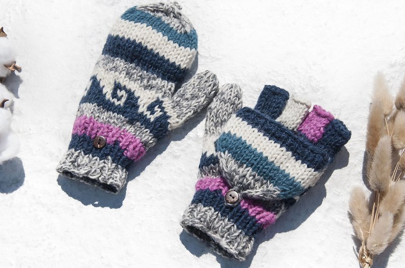 Hand-knitted pure wool knit gloves / detachable gloves / inner bristled gloves / warm gloves - blue pink - Gloves & Mittens - Wool Multicolor