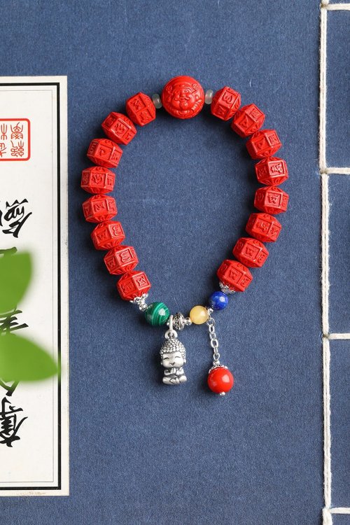 水墨 天然原礦硃砂精品紅砂六字真言手鏈 規格10mm左右