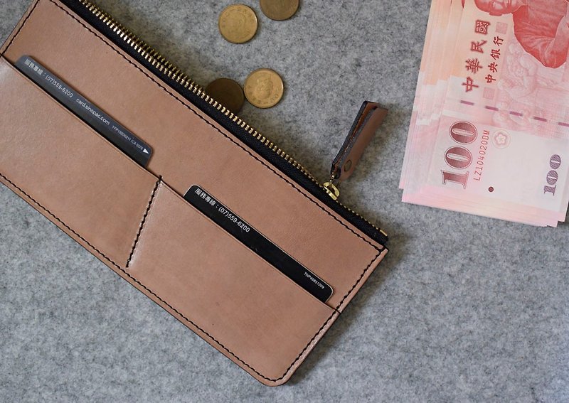 ウッドカラーのレザー製の便利なジッパー付きロングクリップ - 財布 - 革 