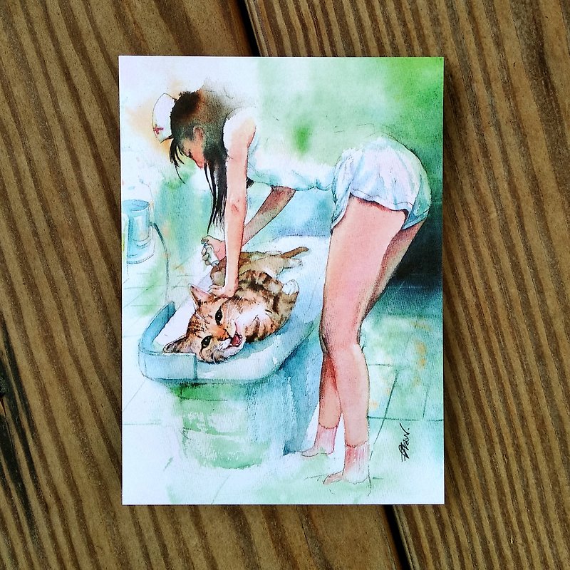 Watercolor painted hair boy series postcard - I want to be sick cat - การ์ด/โปสการ์ด - กระดาษ สีเขียว