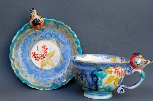 PorcelainShoppe Blue tea cup and saucer set Bird figures Crystal glaze Handmade Porcelain
