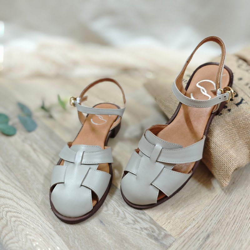 Roman Sandals Taiwan Handmade Genuine Leather Women's Shoes Low Heel Sandals Sandals Slippers Wide Last Large Size Women's Shoes - Gray - Sandals - Genuine Leather Gray