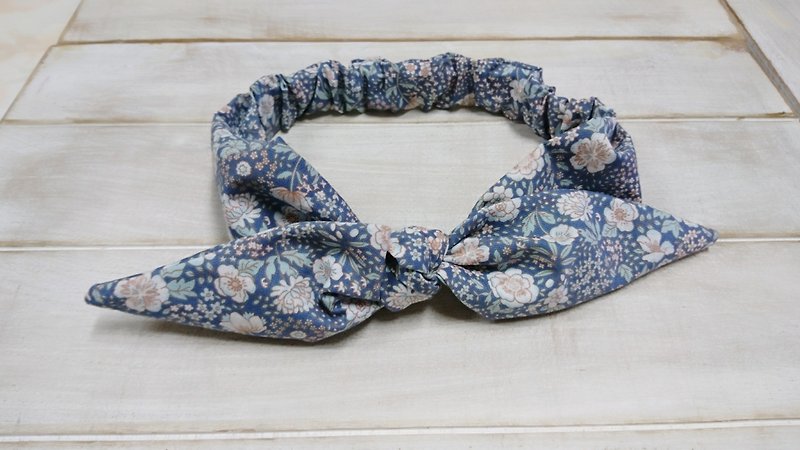 Blue and gray small floral bow headband - Hair Accessories - Cotton & Hemp Blue