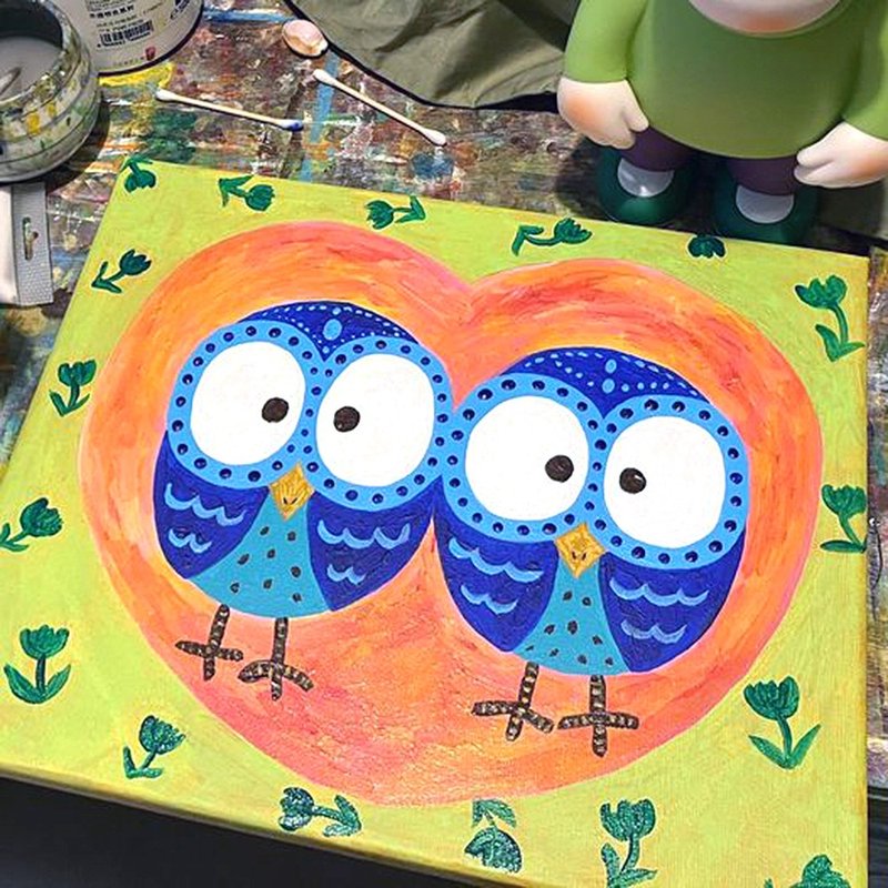 Original painting∣ The Magical Owl of Love - กรอบรูป - วัสดุอื่นๆ หลากหลายสี