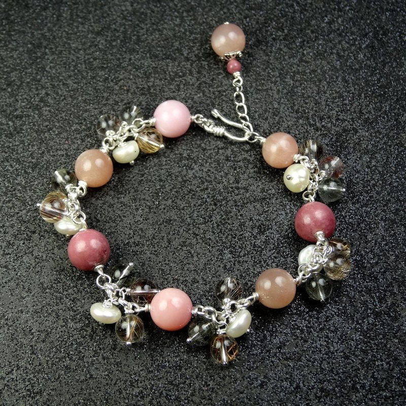 手鍊 粉紅 蛋白石 玫瑰石 橘月光石 珍珠 鈦晶 925銀飾 寶石 飾品 - 手鍊/手環 - 寶石 