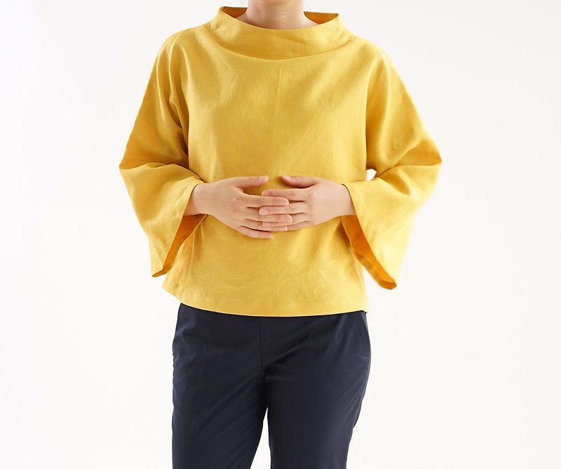 Belgian linen bottle neck bell sleeve tops / chrome yellow t23-8 - Women's Tops - Cotton & Hemp Yellow