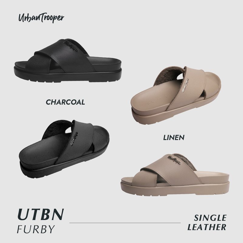 รองเท้า Urban Trooper รุ่น UTBN FURBY สายซับขนนุ่ม สีดำ และสีครีม - รองเท้าแตะ - วัสดุกันนำ้ 