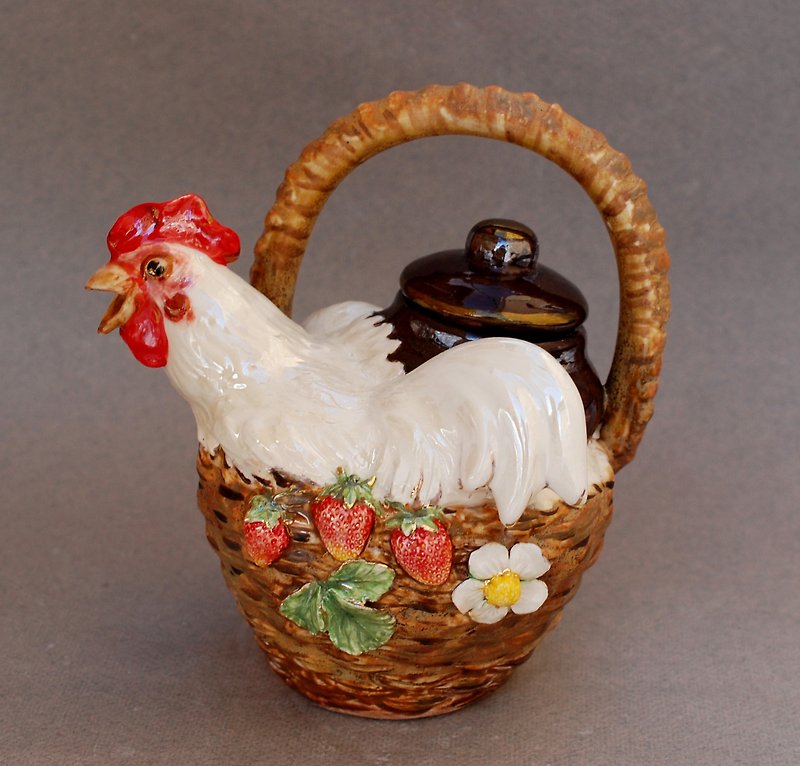 Ceramic art teapot White chicken Pot strawberry decor Figurine teapot - Teapots & Teacups - Pottery Multicolor