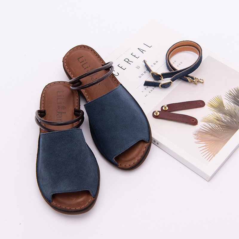 Size Zero [Paris Cat Ears] Full Genuine Leather 3way Soft Q Air Cushion Sandals_Mysterious Night Blue (22.5) - Sandals - Genuine Leather Blue