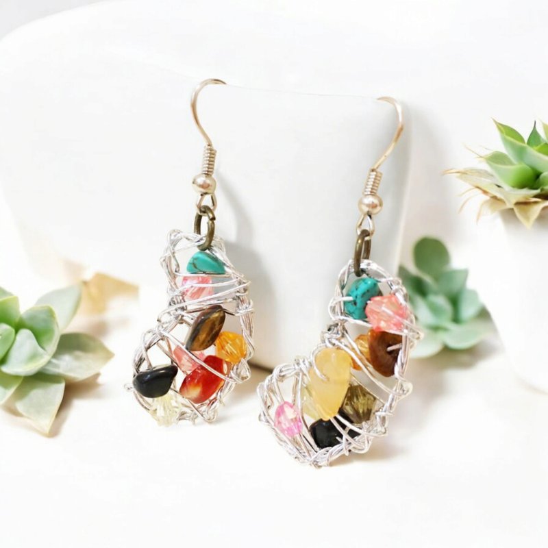 Silver Wire Wrapped Gemstone Dangle Earrings, Peanut design and HandCraft - Earrings & Clip-ons - Precious Metals Multicolor