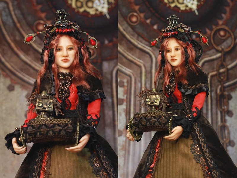 Steampunk Doll Emily and The Old Robot She Found in Trash OOAK Art Doll - 擺飾/家飾品 - 塑膠 多色